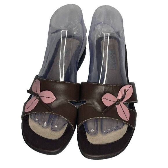 Dockers Sandals W sz 8.5 Brown Slide Pink Flower Detail Leather Shoes - Picture 2 of 11